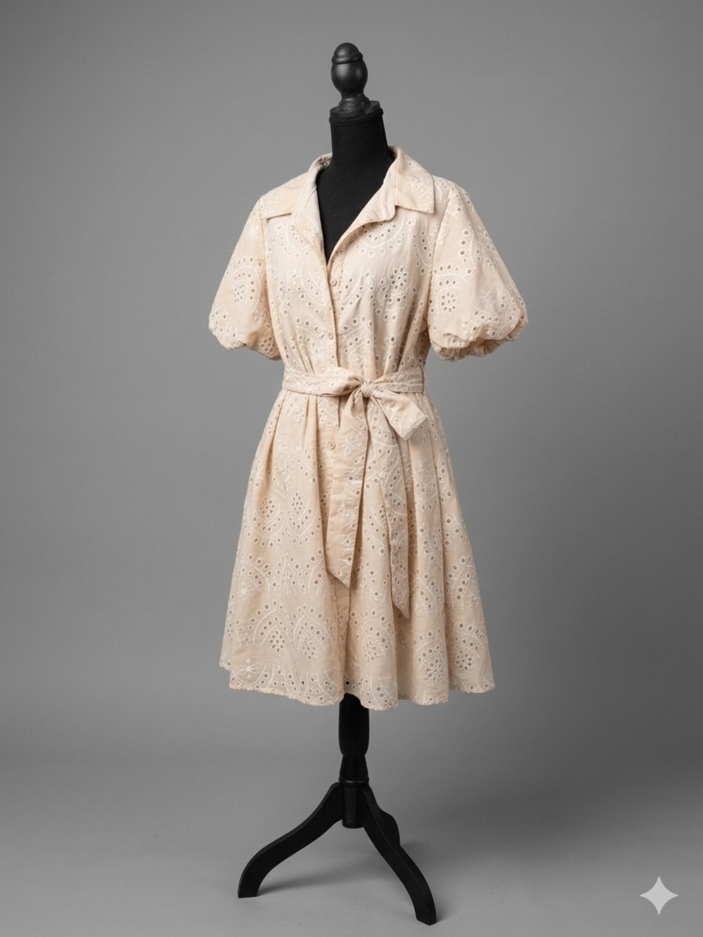 Sam Edelman Eyelet Shirt Dress W/ Tie Waist & Puff Sleeve Cream & Apricot Sz 14